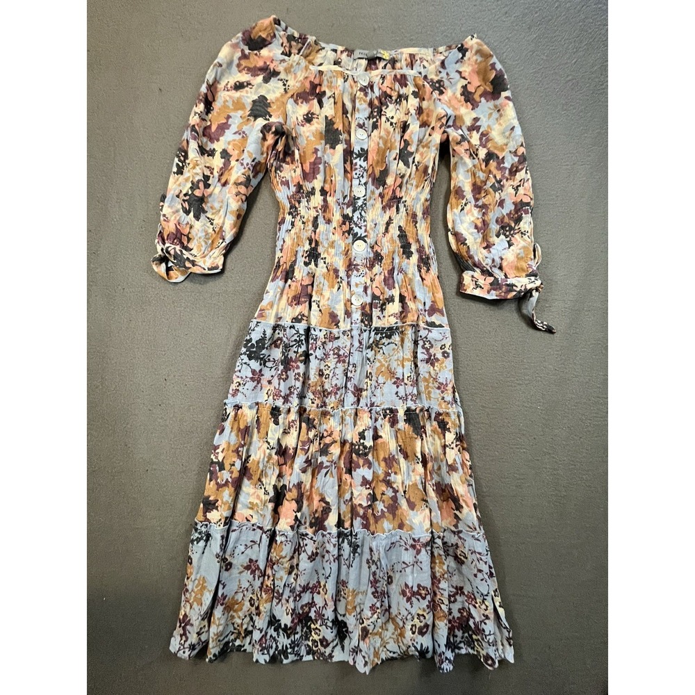 Figeroura &Flower Womens M Floral Midi Dress Smocked Waist Tiered Puff Sleeve - Picture 1 of 9